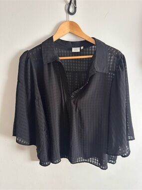 Good Luck Gem Sheer Black Button-Front Blouse Flowy sleeves XL